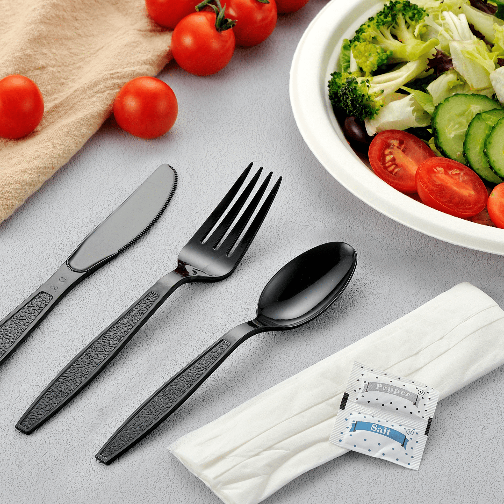 [500ct] PS Plastic Heavy Weight Cutlery Kits with Salt and Pepper | Black - Biocean by Danube BlueBiocean