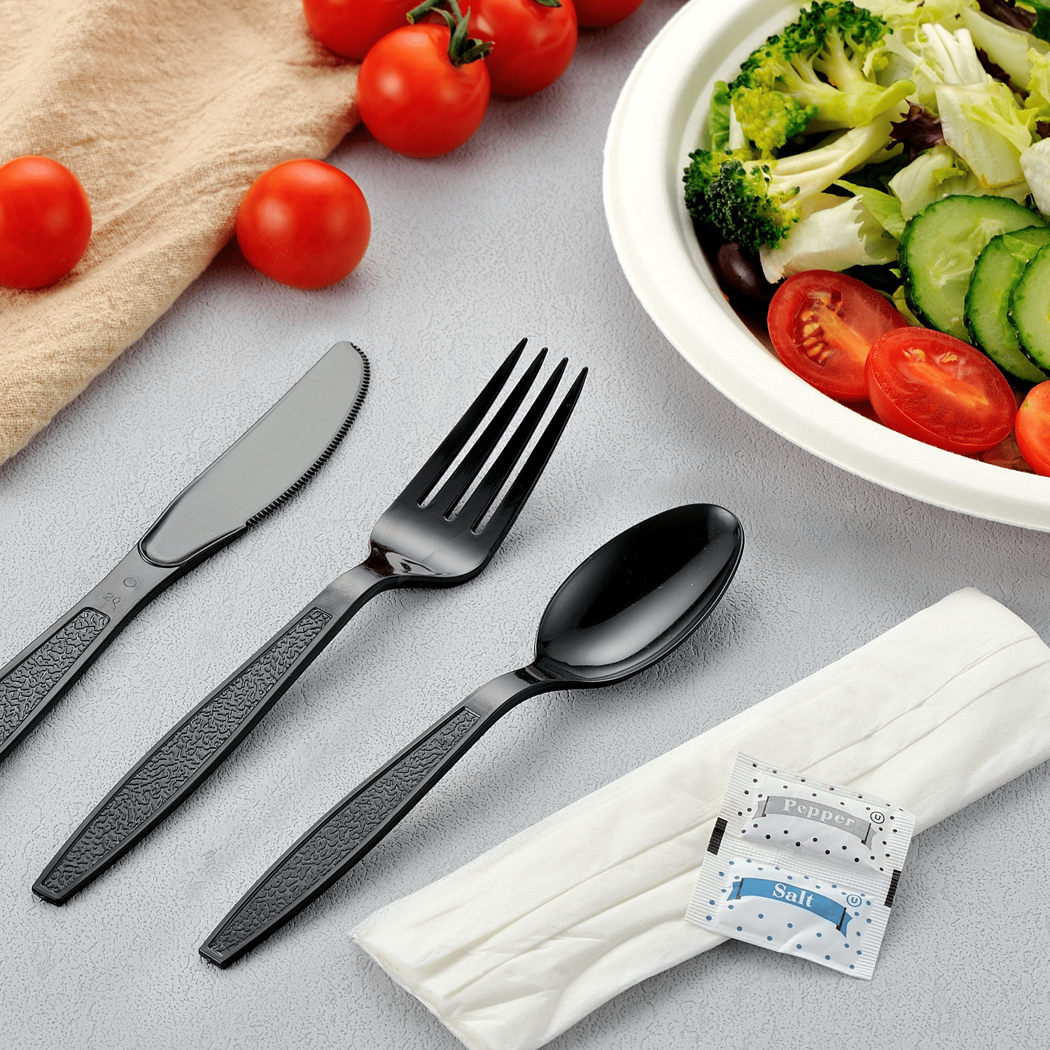 [500ct] PS Plastic Heavy Weight Cutlery Kits with Salt and Pepper | Black - Biocean by Danube BlueBiocean