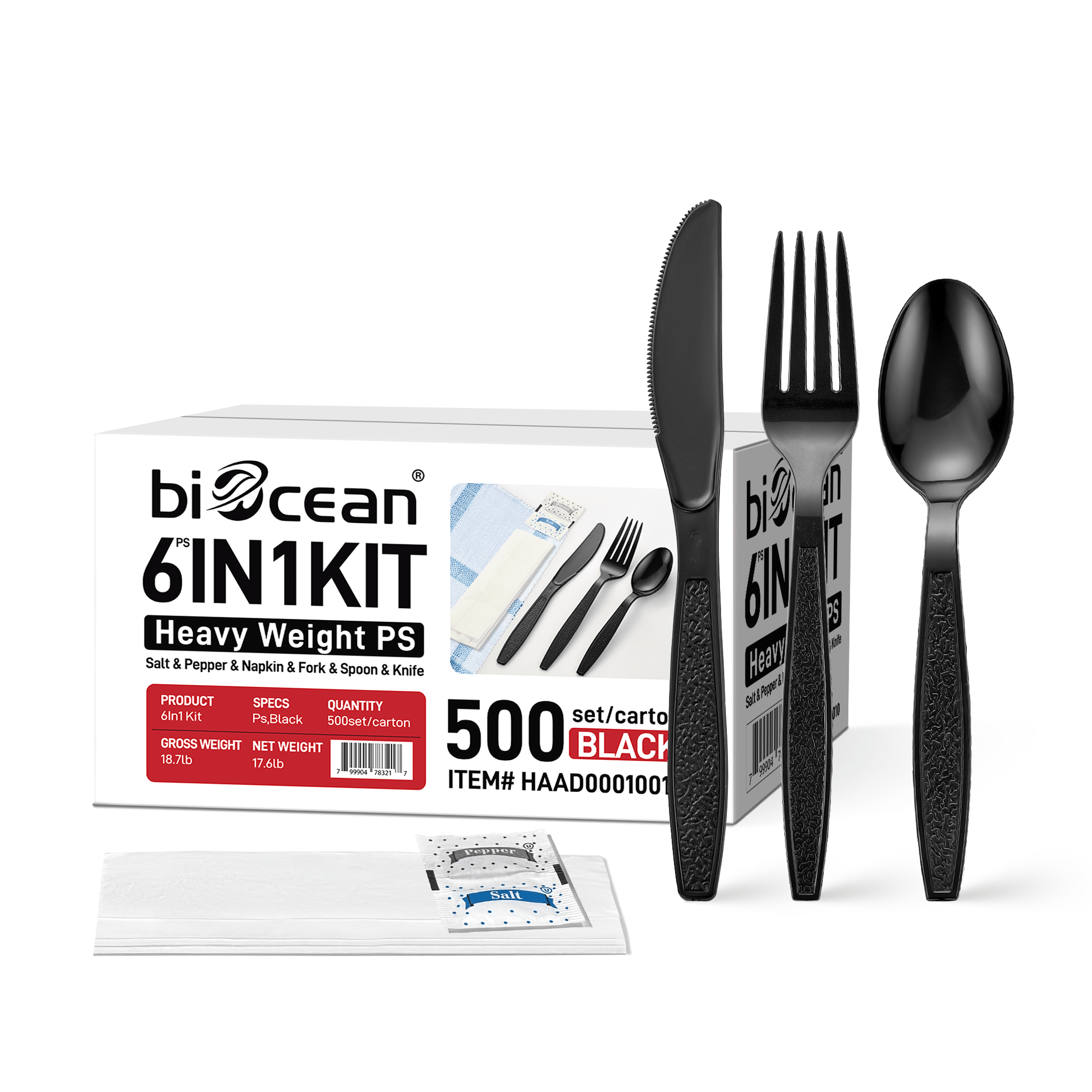 [500ct] PS Plastic Heavy Weight Cutlery Kits with Salt and Pepper | Black - Biocean by Danube BlueBiocean