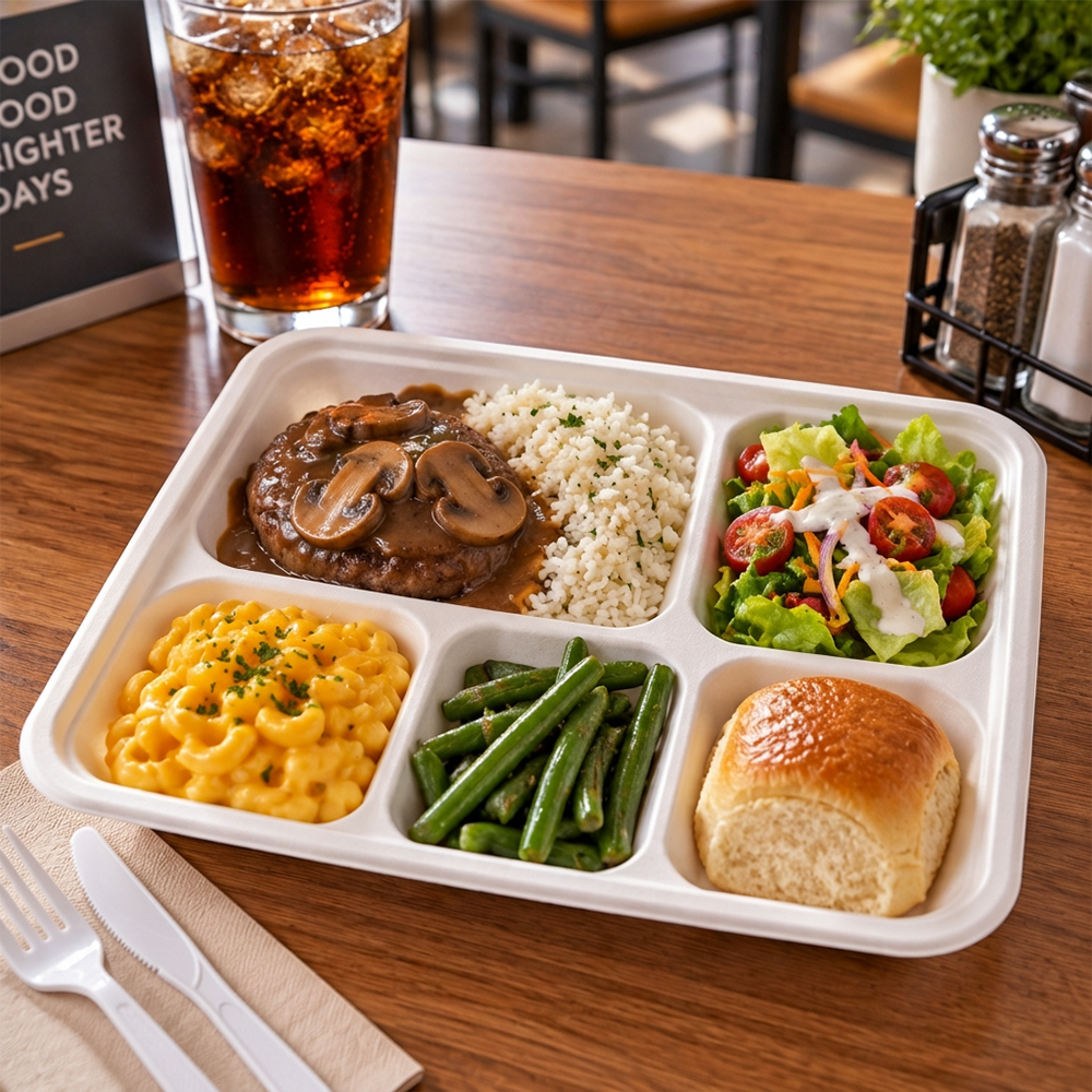 [500ct] 10"x 8" Compostable Bagasse Plates  | 5-compartment |  Rectangular | White
