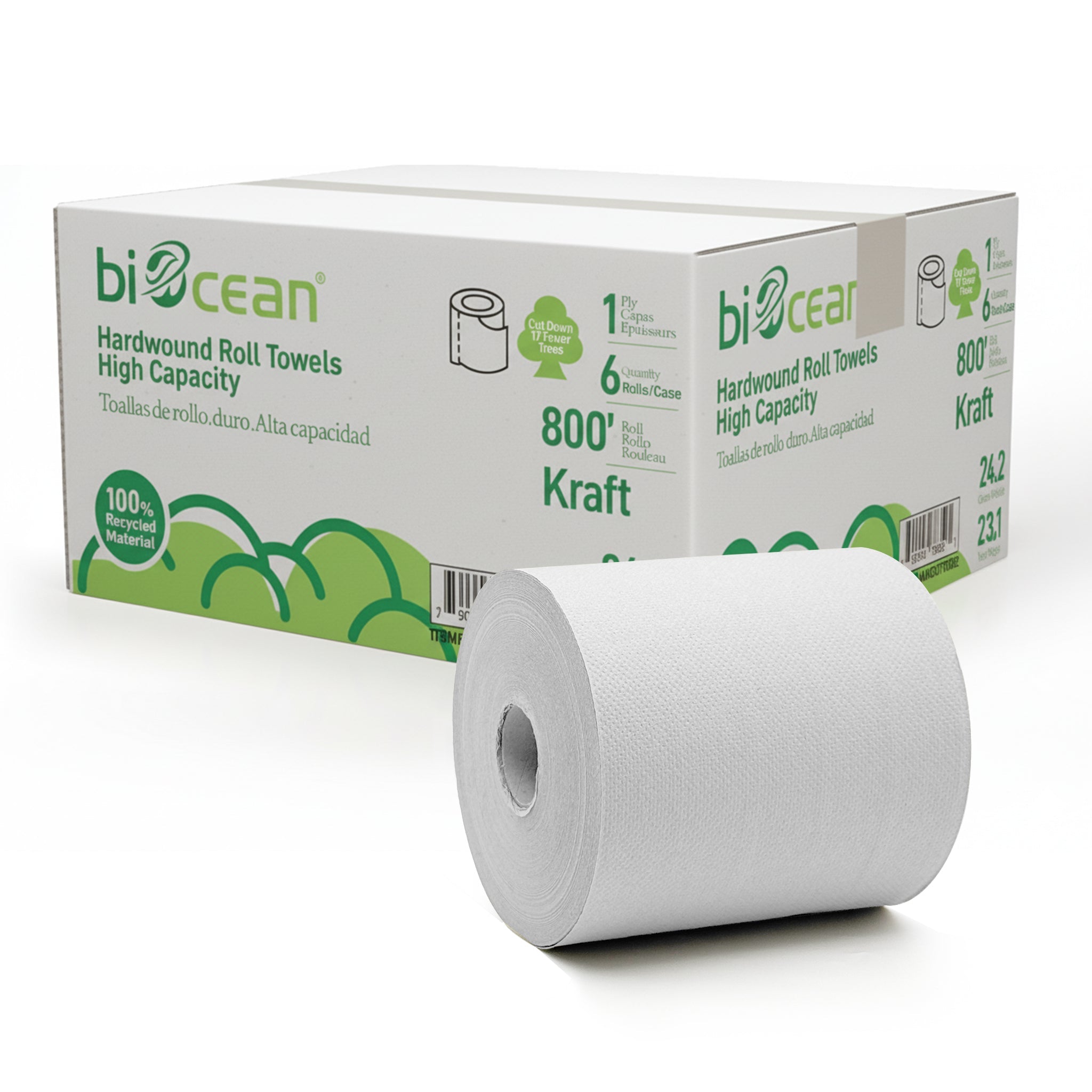 [6 Rolls] 7.8" Hardwound Roll Towels | White | 800' - Biocean by Danube BlueBiocean