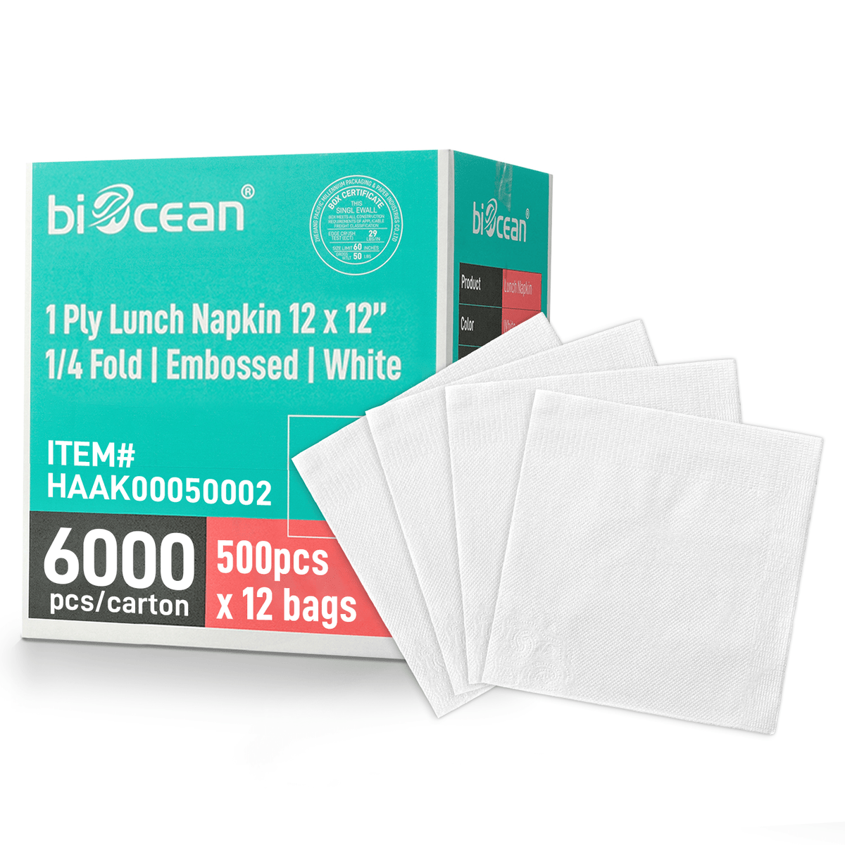 [6,000ct] 12" x 12" 1-Ply Lunch Napkins | 1/4 Fold | White - Biocean by Danube BlueBiocean