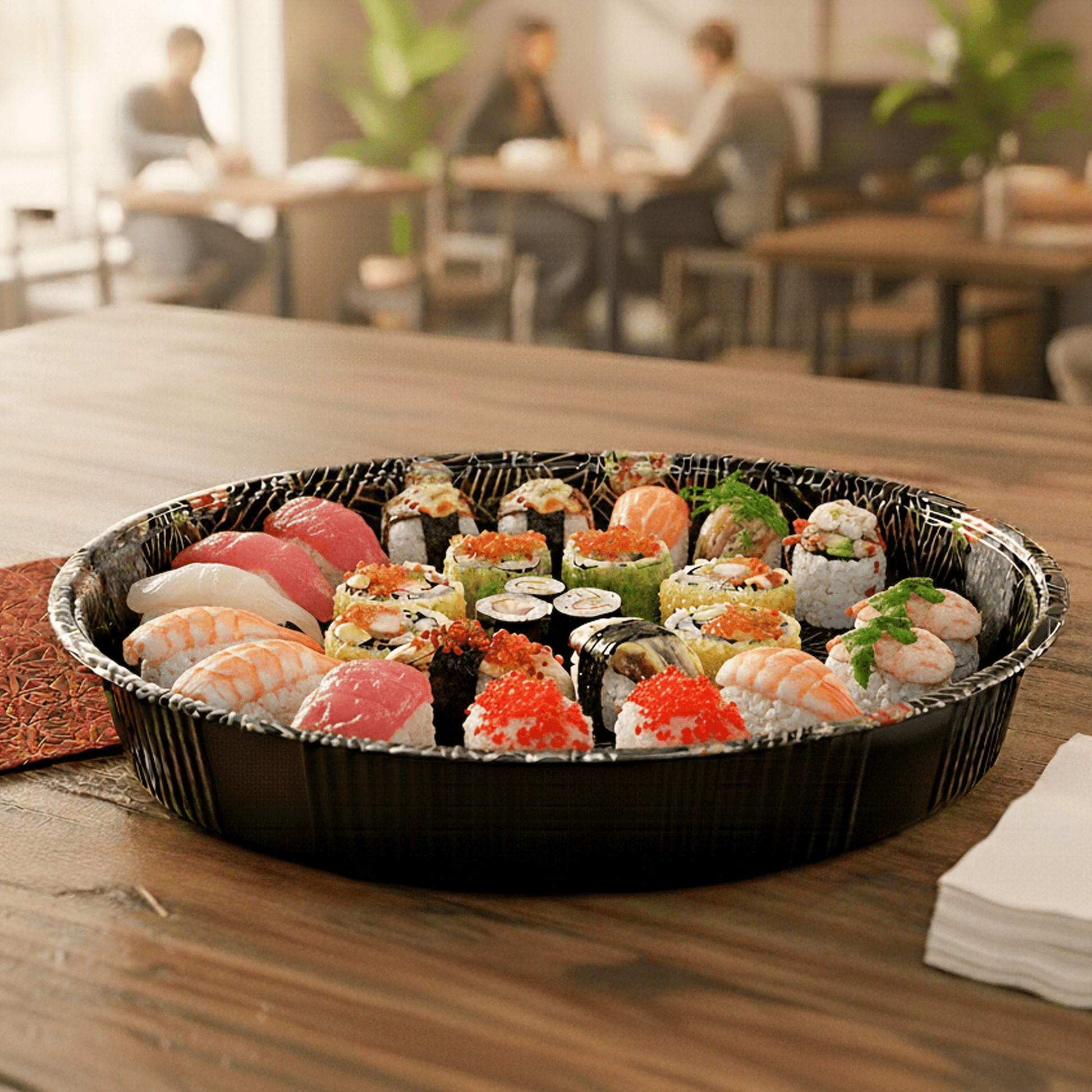 [60ct] 13.7" PET Sushi Tray with Lid | Round | Black - Biocean by Danube BlueBiocean