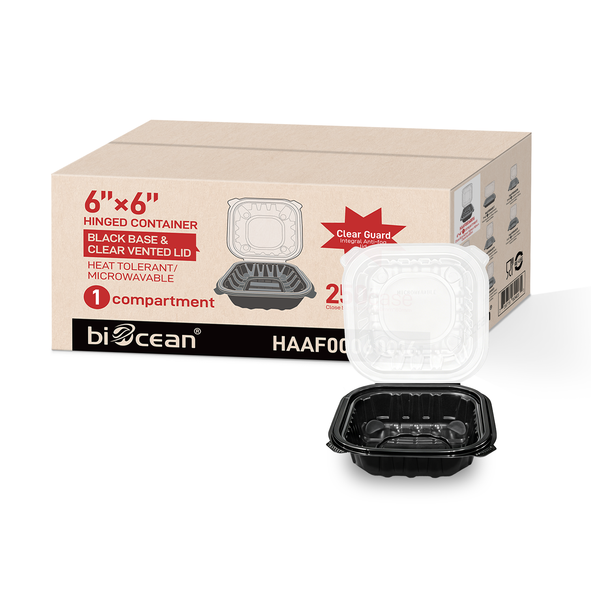 [250ct] 6" x 6" x 3"  Premium PP Hinged Food Containers | 1-Compartment | Clear and Black