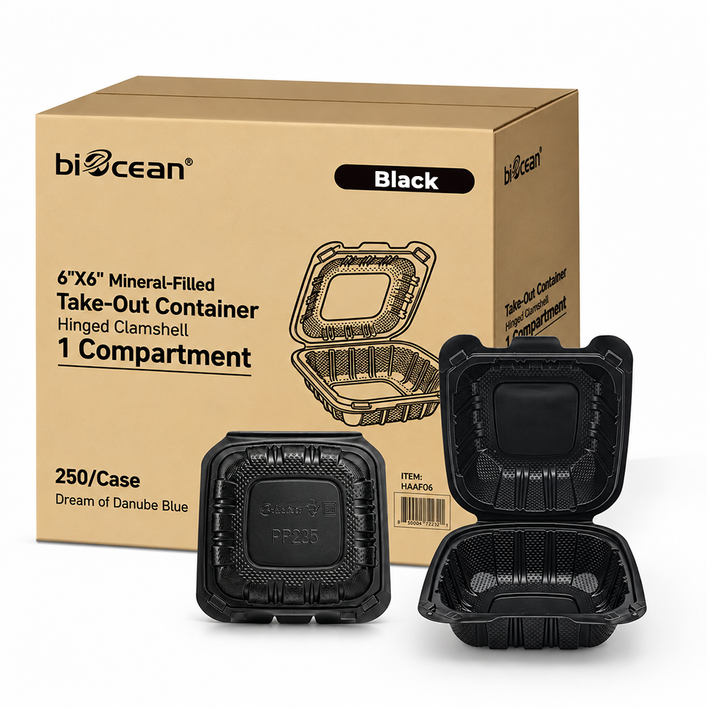[250ct] 6"x 6" Microwaveable Mineral Filled PP Hinged Containers | Black