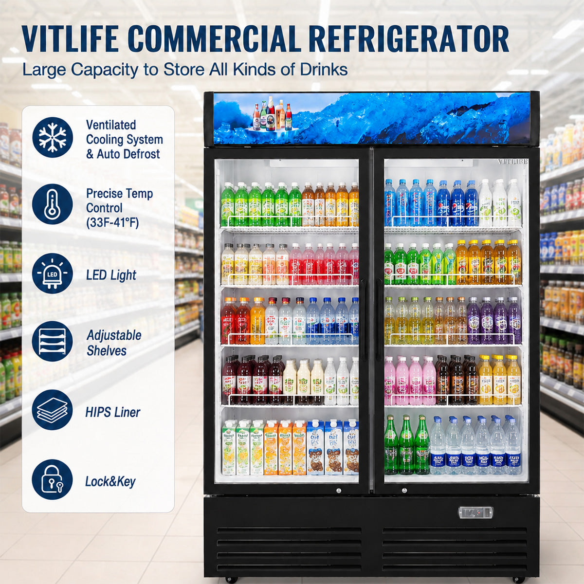 Vitlife Commercial VSC788VCW 40" 2-Glass Door Merchandiser Refrigerator w/ Canopy, 26.5 cu. ft.