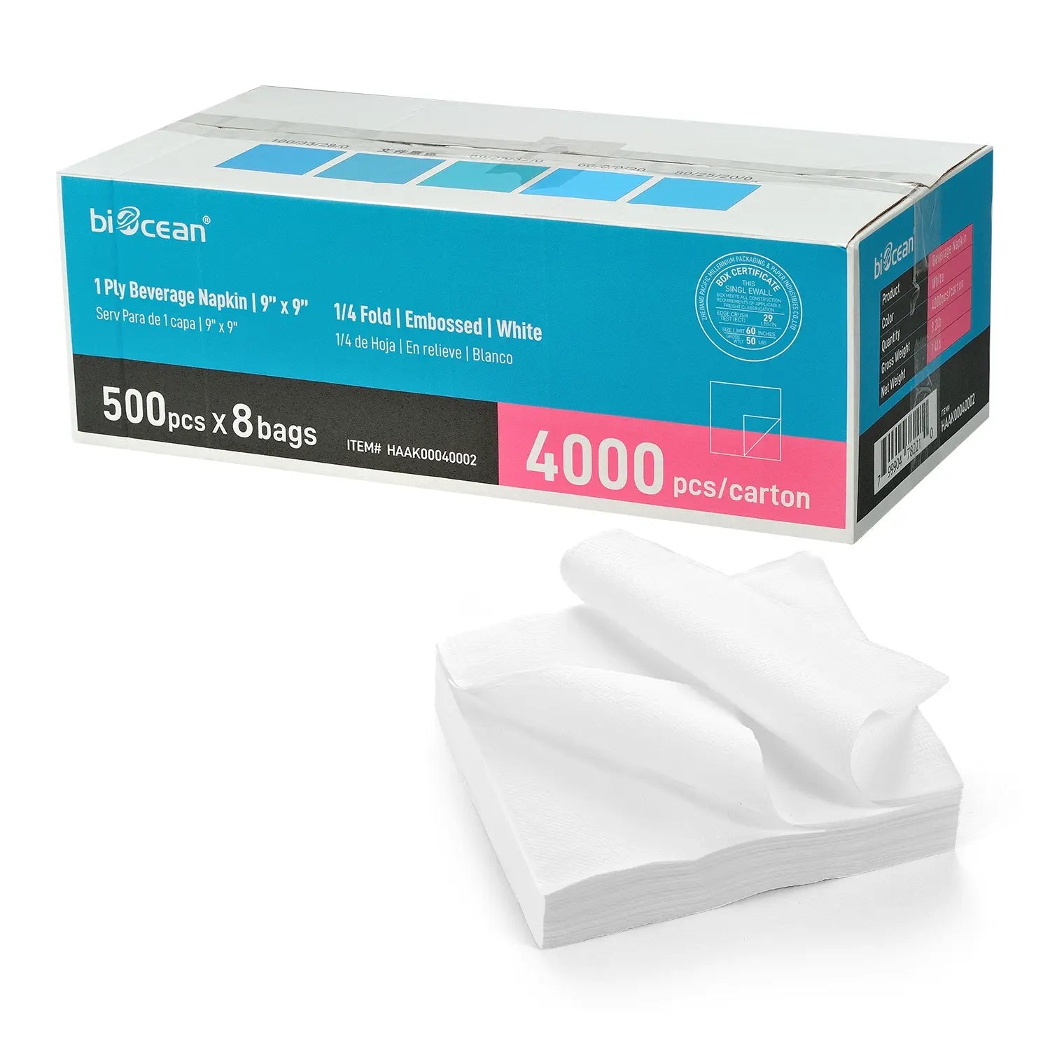 9" x 9" White 1-Ply 1/4 Fold Beverage Napkins-4,000/Case