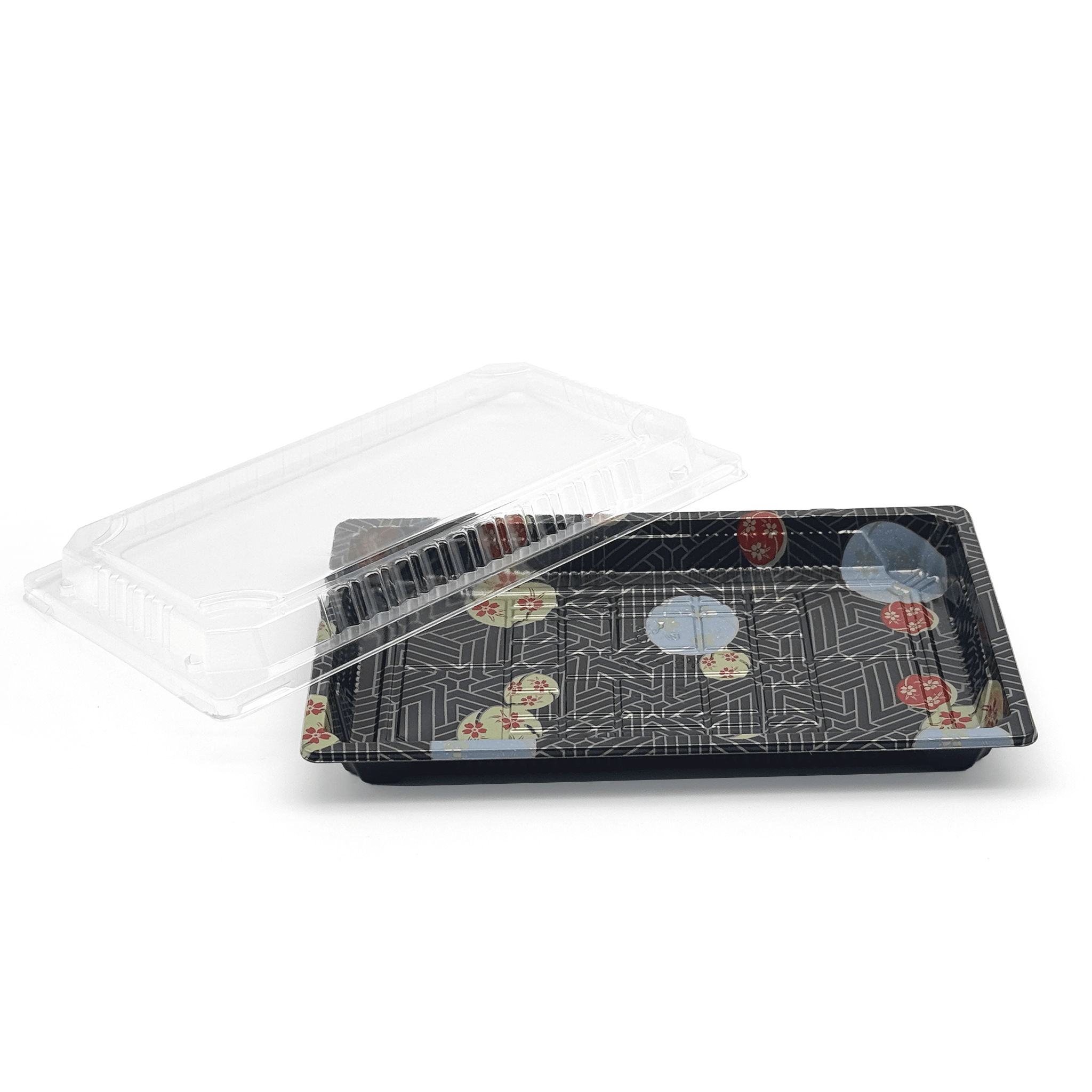 [800ct] PS Plastic 9 1/4" x 5 7/10" Sushi Tray Base with Lid | Black - Biocean by Danube BlueBiocean