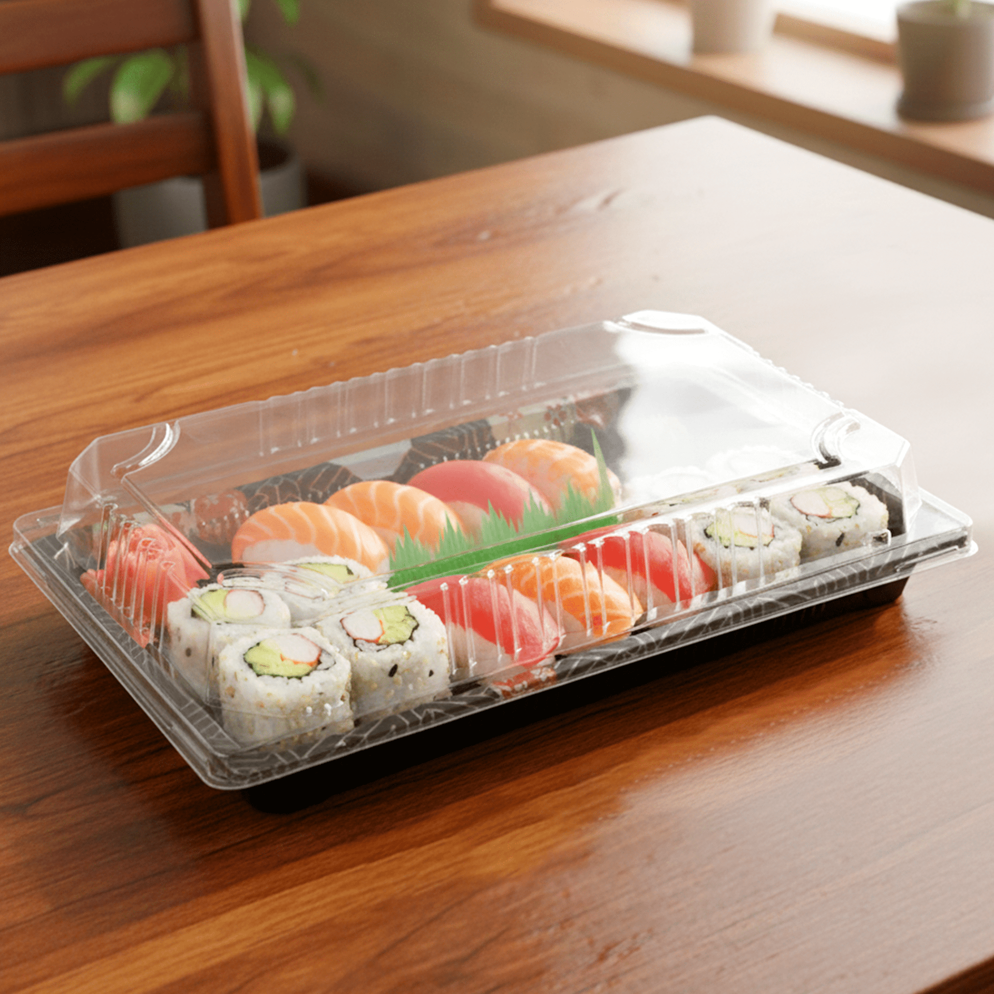 [800ct] PS Plastic 9 1/4" x 5 7/10" Sushi Tray Base with Lid | Black - Biocean by Danube BlueBiocean