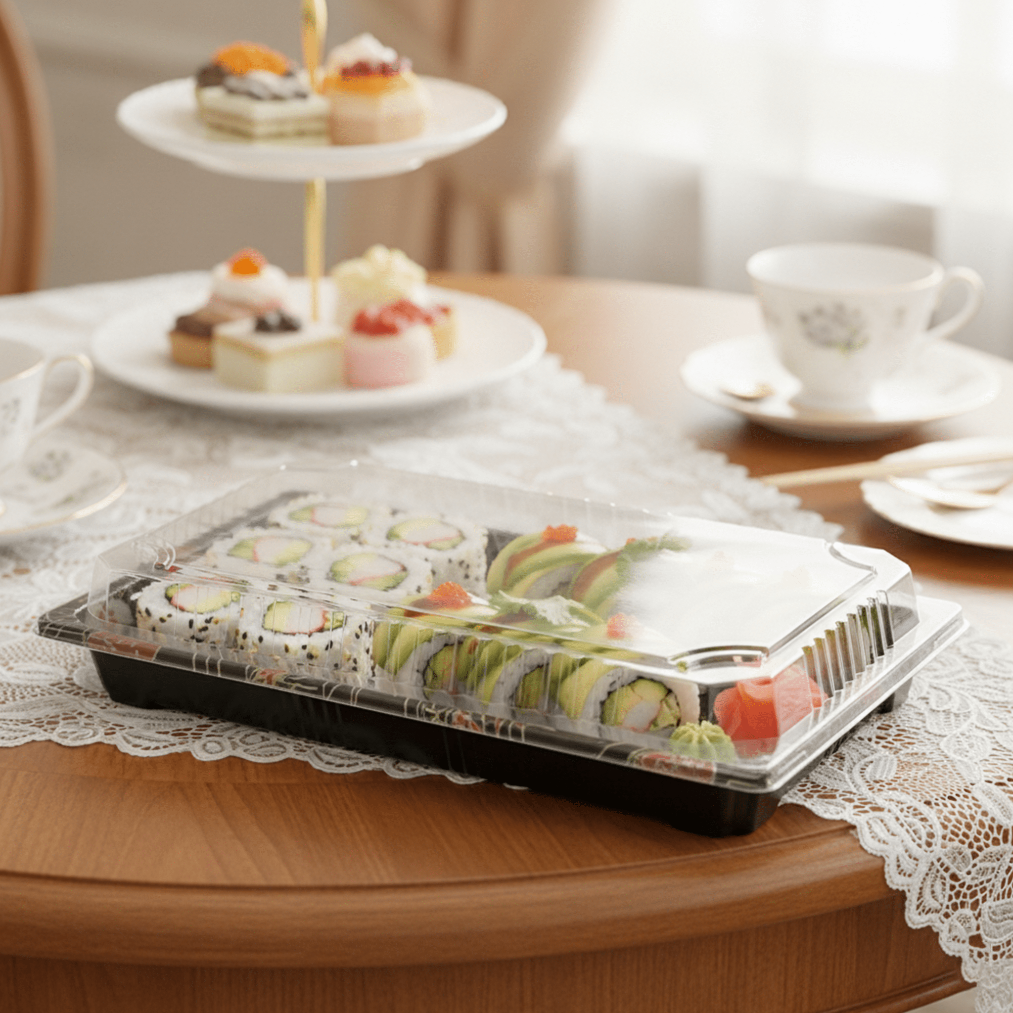 [800ct] PS Plastic 9 1/4" x 5 7/10" Sushi Tray Base with Lid | Black - Biocean by Danube BlueBiocean