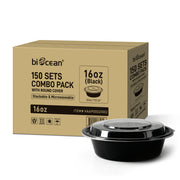 [150ct] 16 oz PP Plastic Microwaveable Takeout Containers & Lids | Round | Black