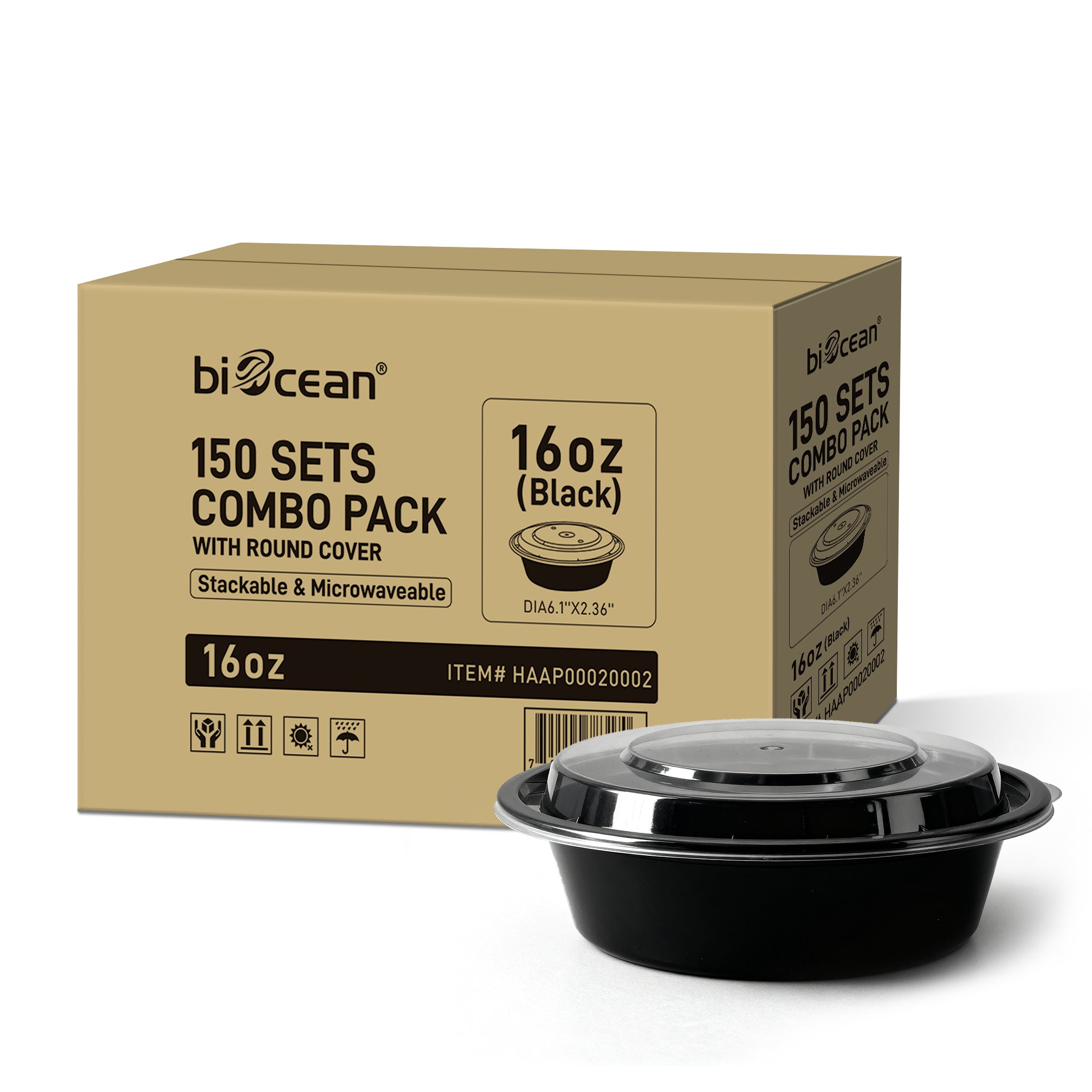 [150ct] 16 oz PP Plastic Microwaveable Takeout Containers & Lids | Round | Black