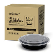 [150ct] 48 oz PP Plastic Microwaveable Takeout Containers & Lids | Round | Black