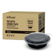 [150ct] 24 oz PP Plastic Microwaveable  Takeout Containers & Lids | Round | Black