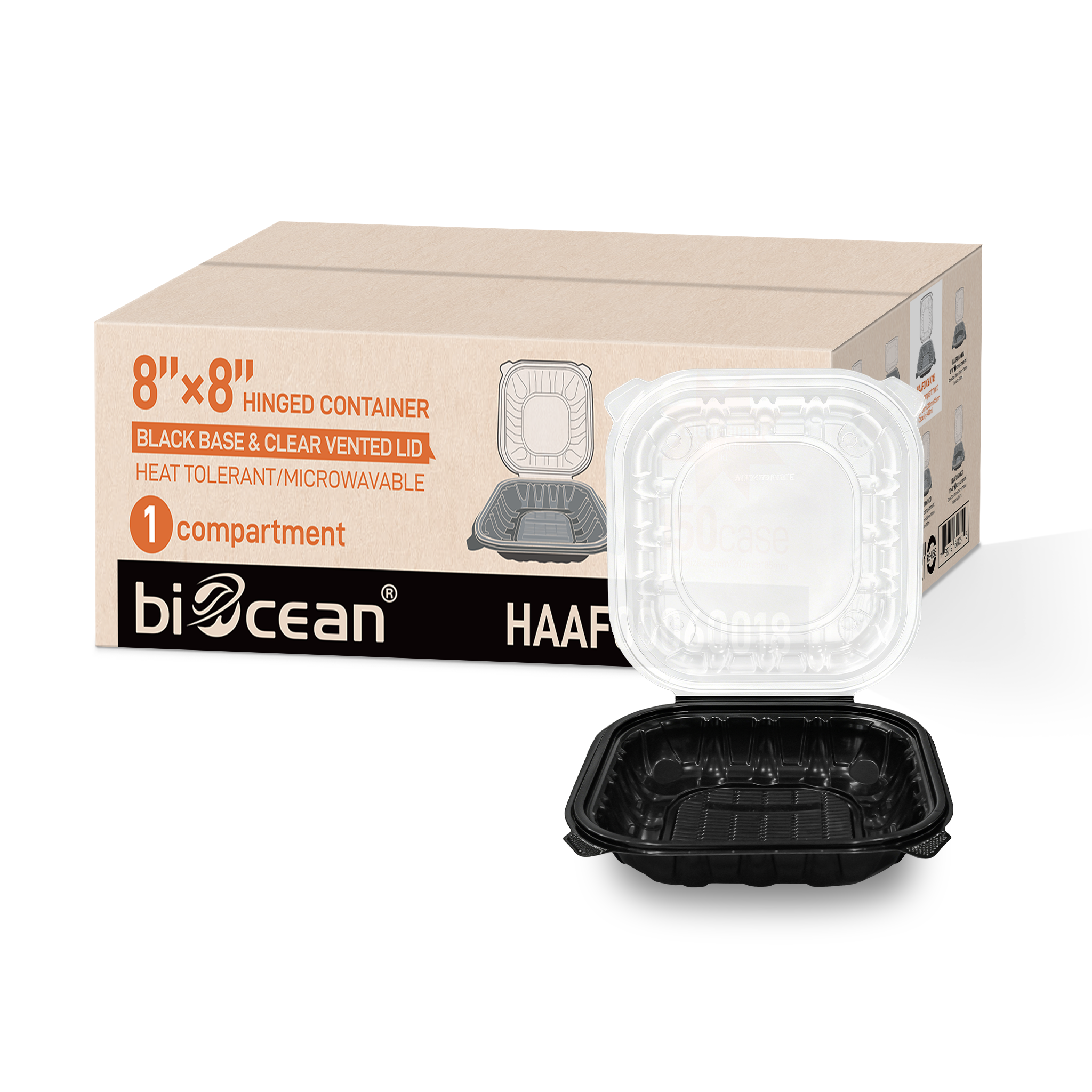 [150ct] 8" x 8" x 3" Premium PP Hinged Food Containers | 1-Compartment | Clear and Black