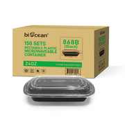 [150ct] 24oz PP Plastic Microwavable Rectangular Food Containers & Lids | Black