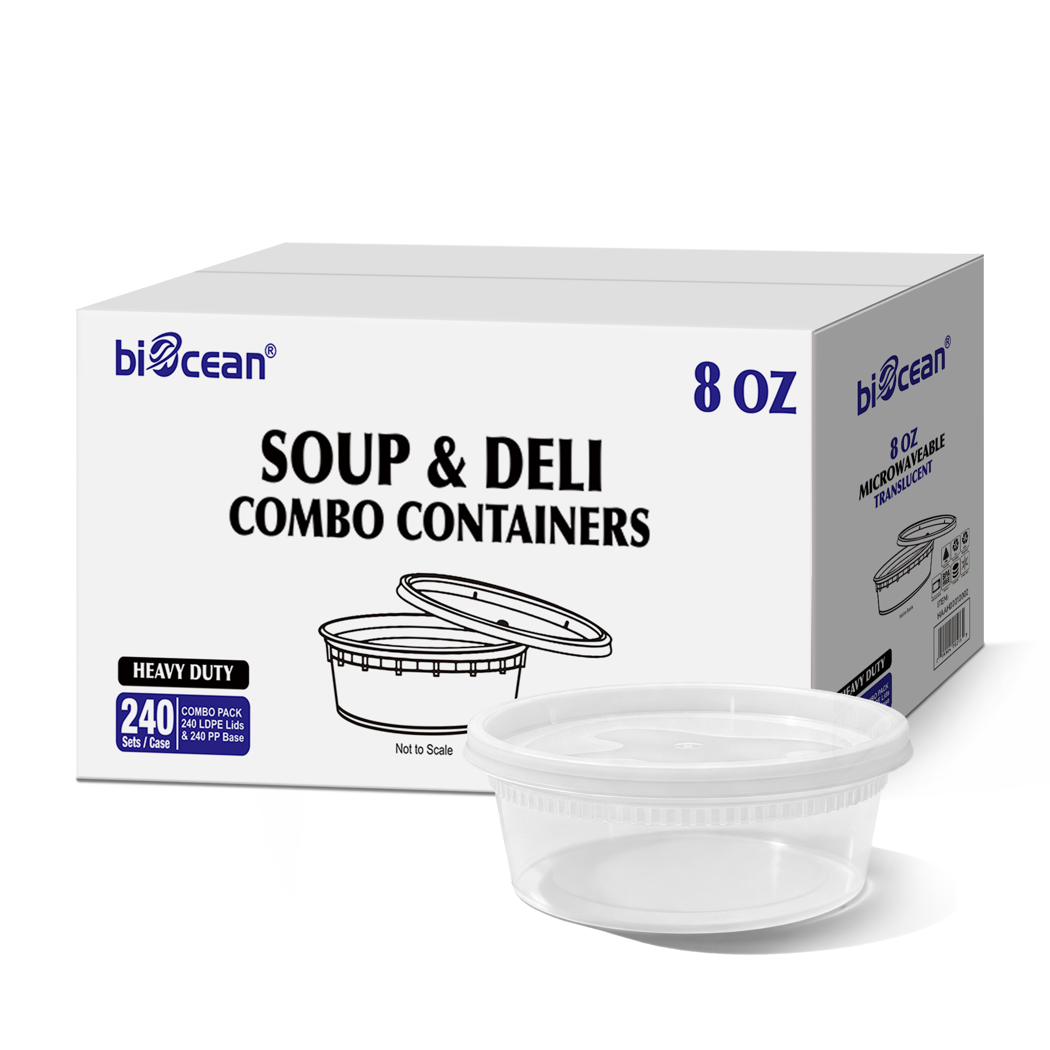 [240ct]  8 oz PP Plastic Heavy Duty Deli Containers with Lids | Microwavable | Clear