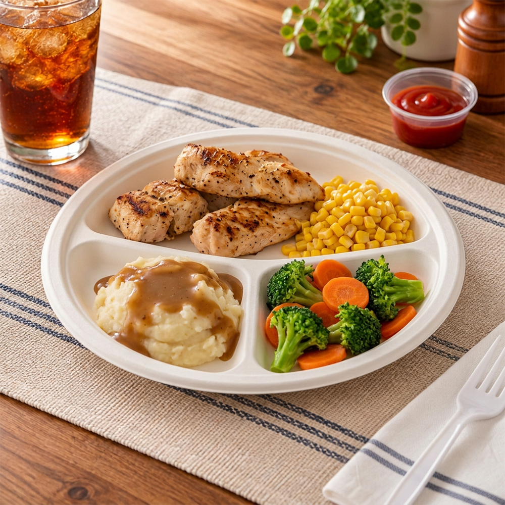 [500ct] 9" Compostable Bagasse Plates | 3-compartment | Round | White