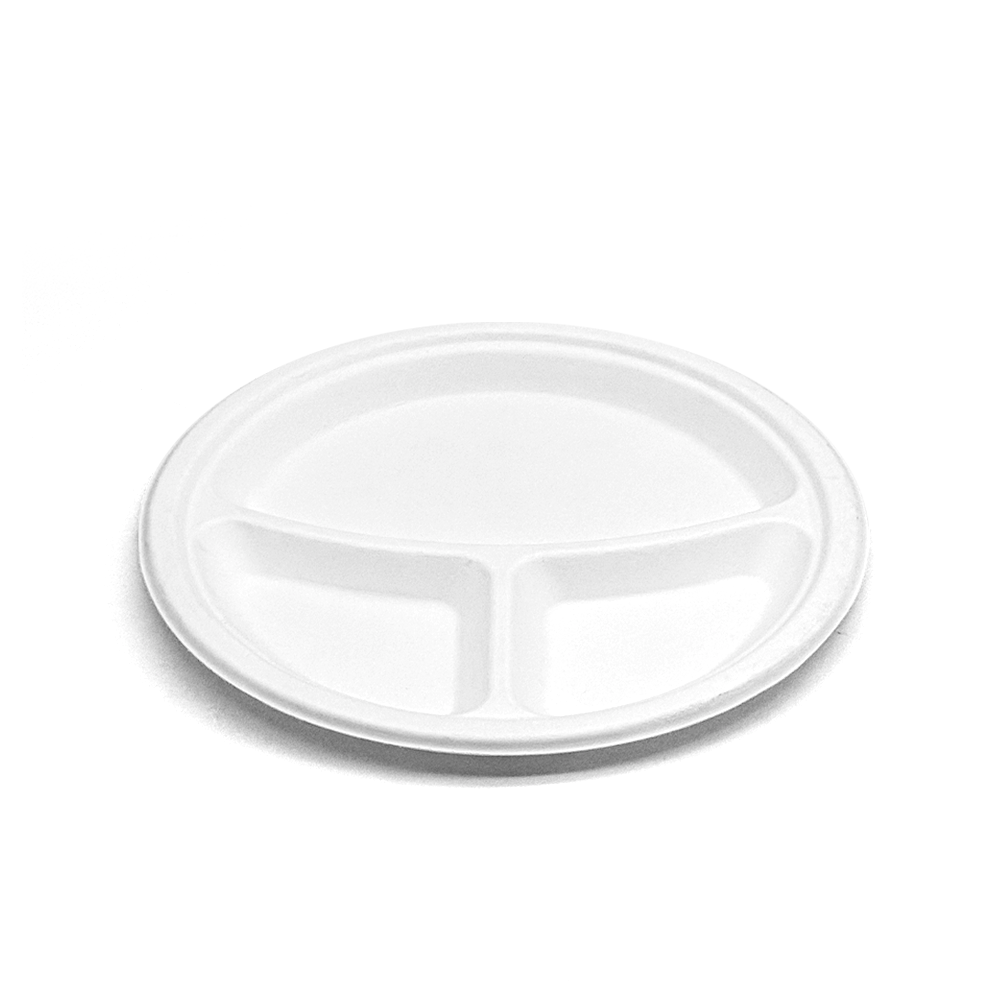 [500ct] 9" Compostable Bagasse Plates | 3-compartment | Round | White
