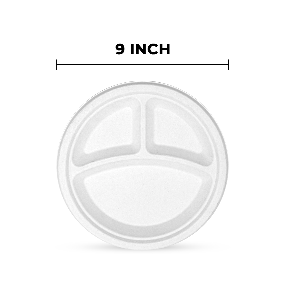[500ct] 9" Compostable Bagasse Plates | 3-compartment | Round | White