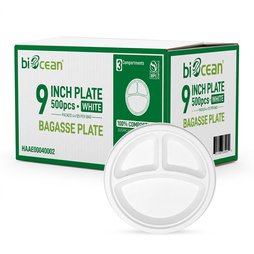 [500ct] 9" Compostable Bagasse Plates | 3-compartment | Round | White