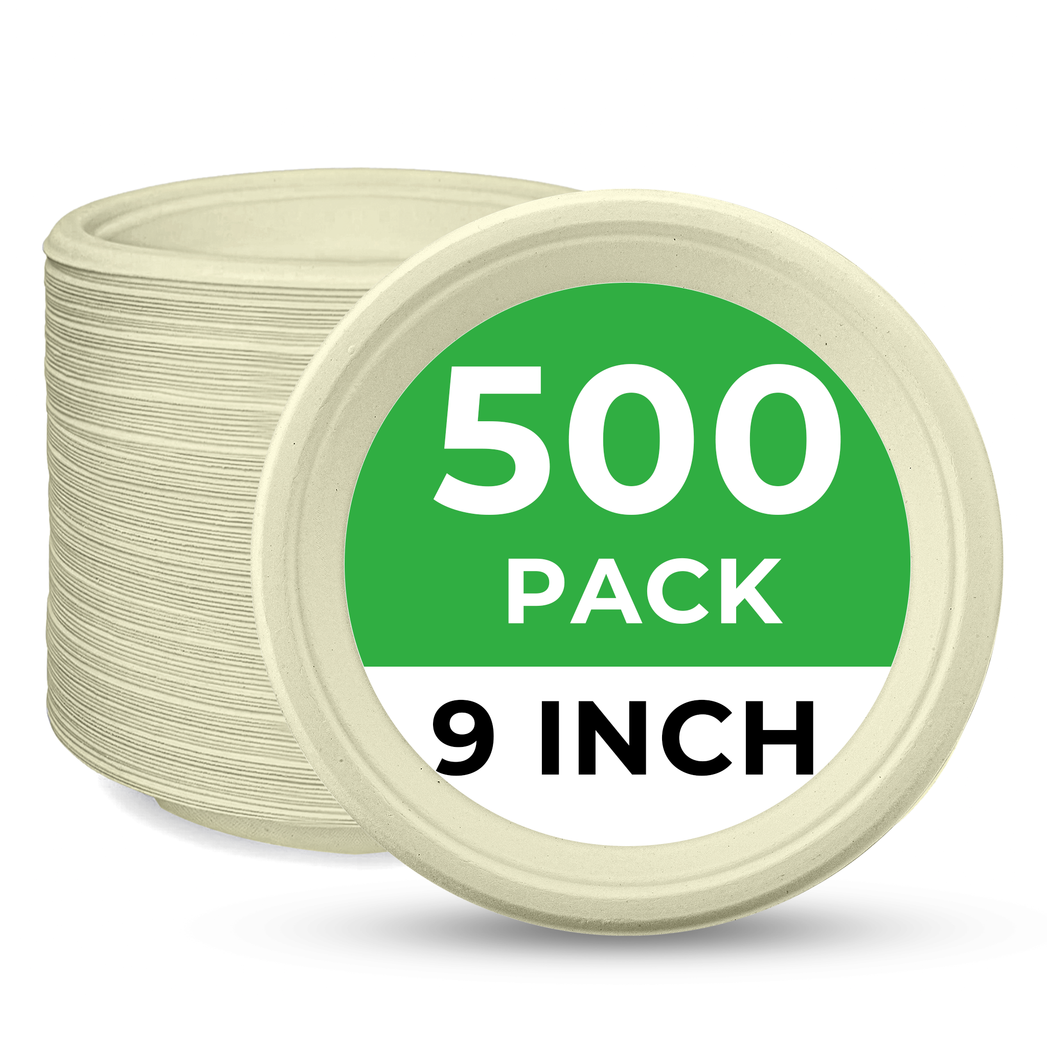 Natural  Compostable  Bagasse 9-Inch Round Plates - 500/Case