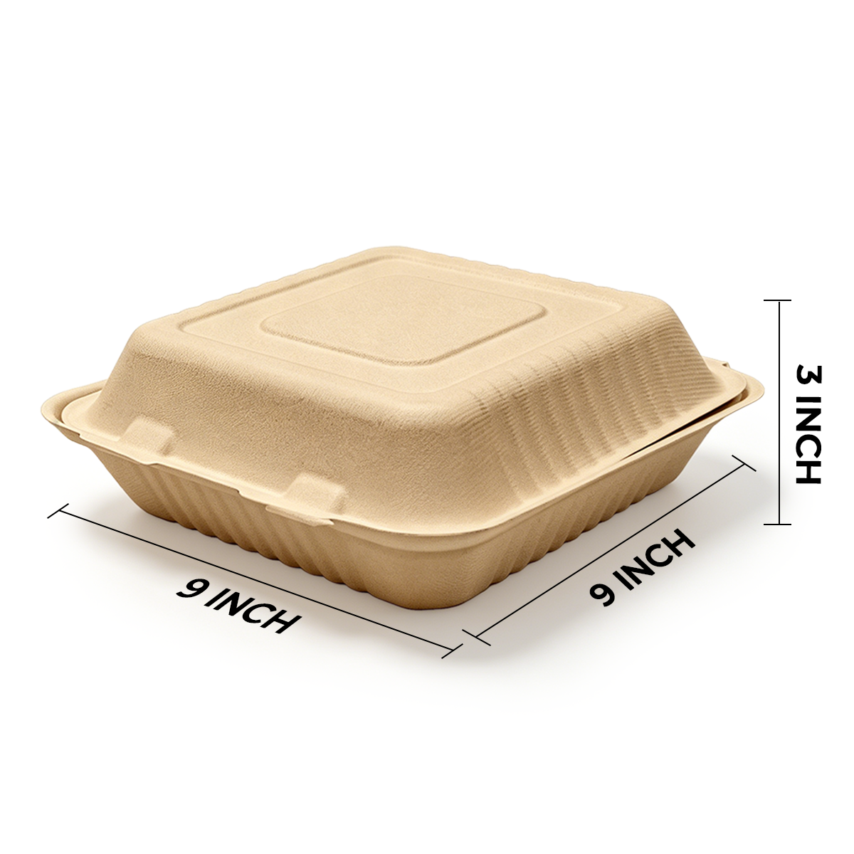 [200ct] 9" x 9" x 3" Sugarcane Bagasse Take-0ut Box | Natural