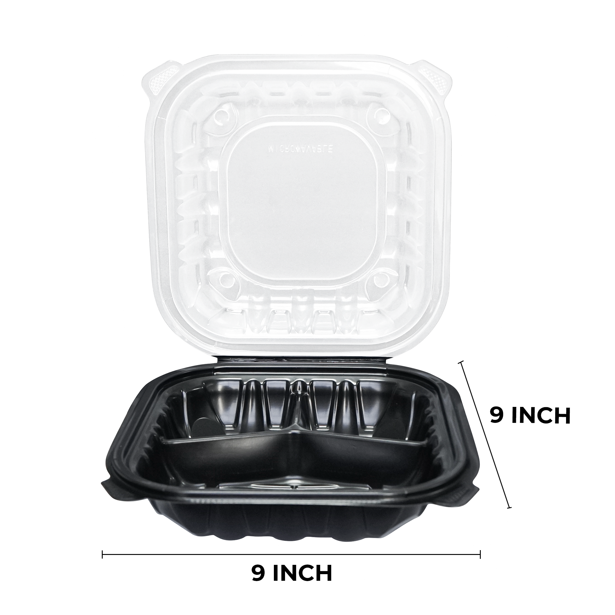 [100ct] 9" x 9"  Premium PP Hinged Food Containers | 3-Compartment | Clear and Black