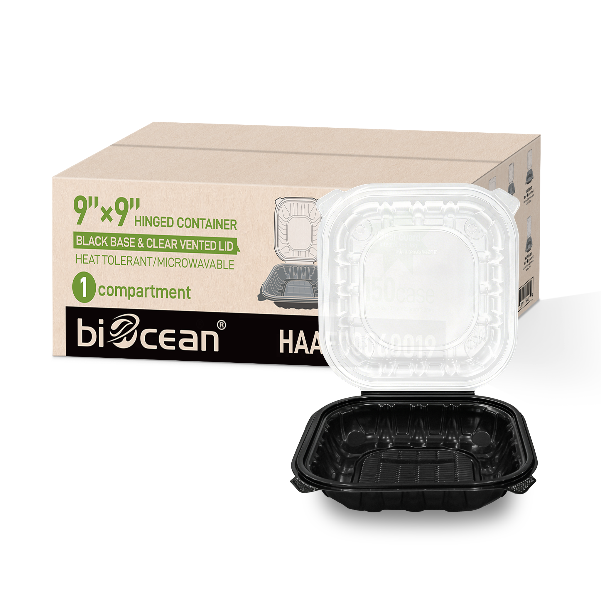 Black hinged food container with clear lid and BiOceaan branded packaging on a white background