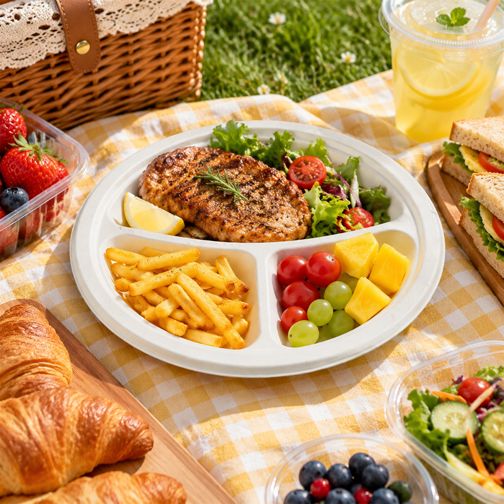 [500ct] 9" Compostable Bagasse Plates | 3-compartment | Round | White
