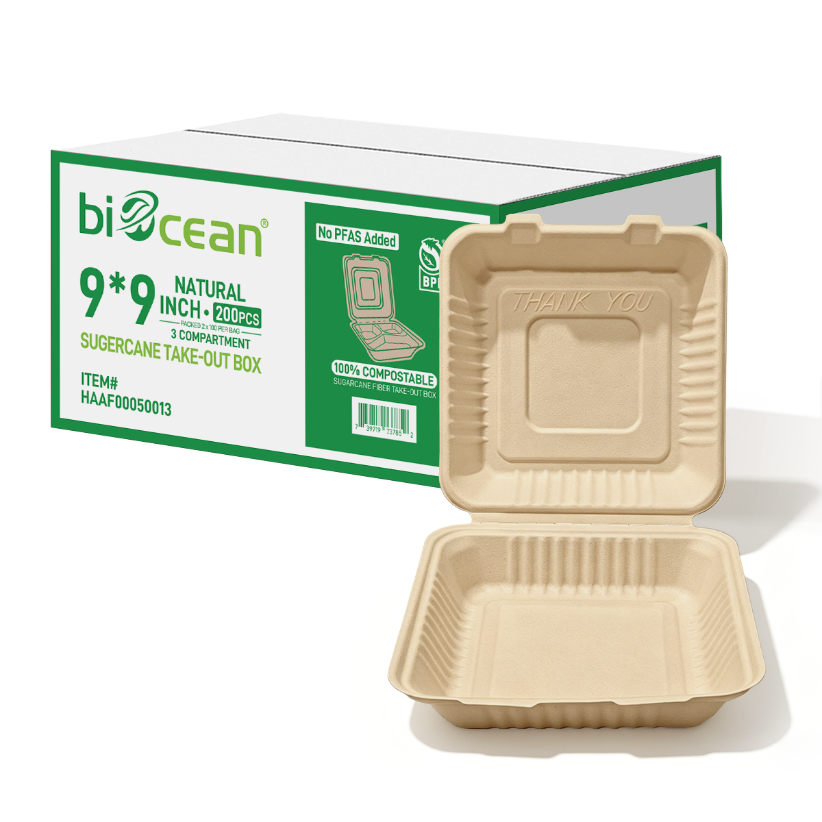 [200ct] 9" x 9" x 3" Sugarcane Bagasse Take-0ut Box | Natural