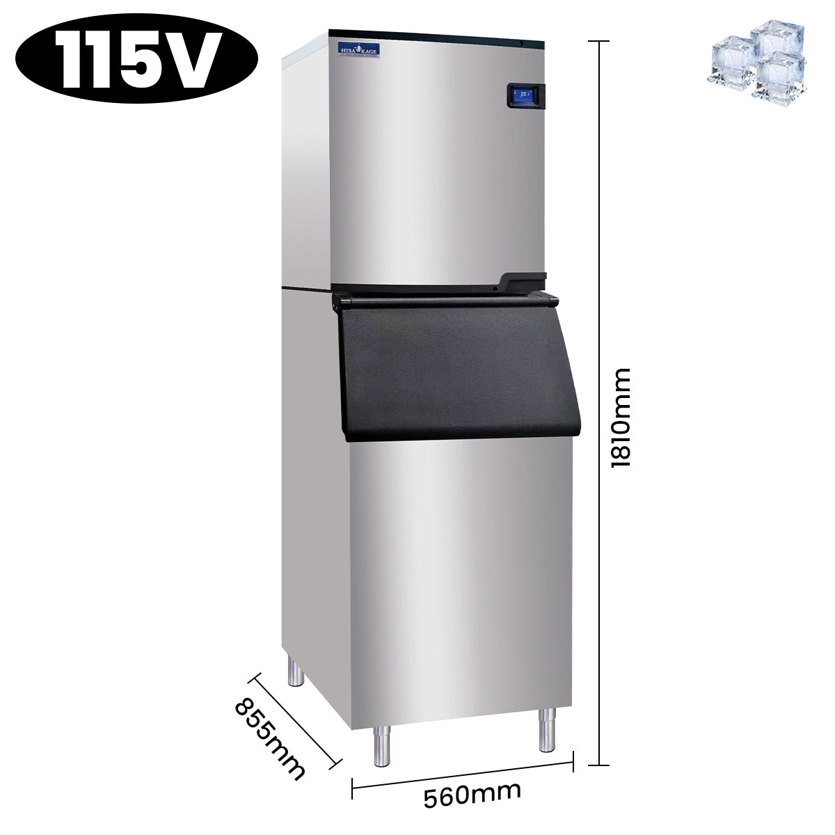 HISAKAGE 22" AC-500A Air-Cooled Split Cube Ice Machine with 352lbs Storage Bin - 465 lbs Daily Output, 115V