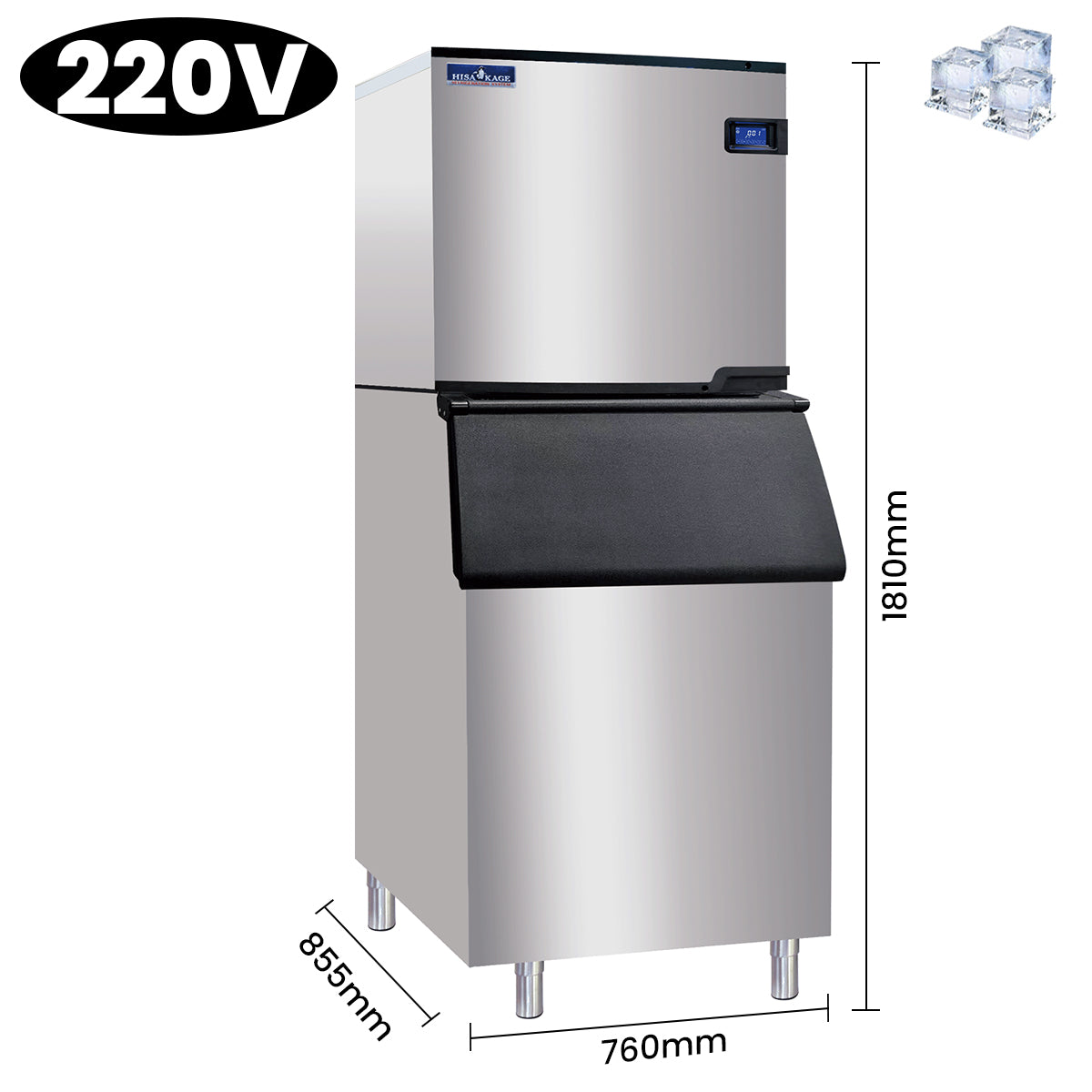 HISAKAGE 30" AC-700W Water-Cooled Split Cube Ice Machine with 551 lbs Storage Bin - 708 lbs Daily Output, 220V