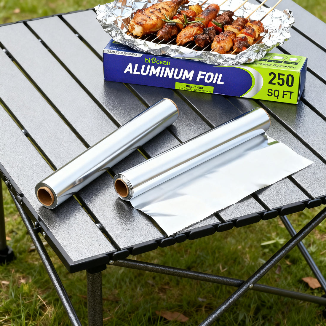 Aluminum foil roll and box on a camping table with skewered chicken.