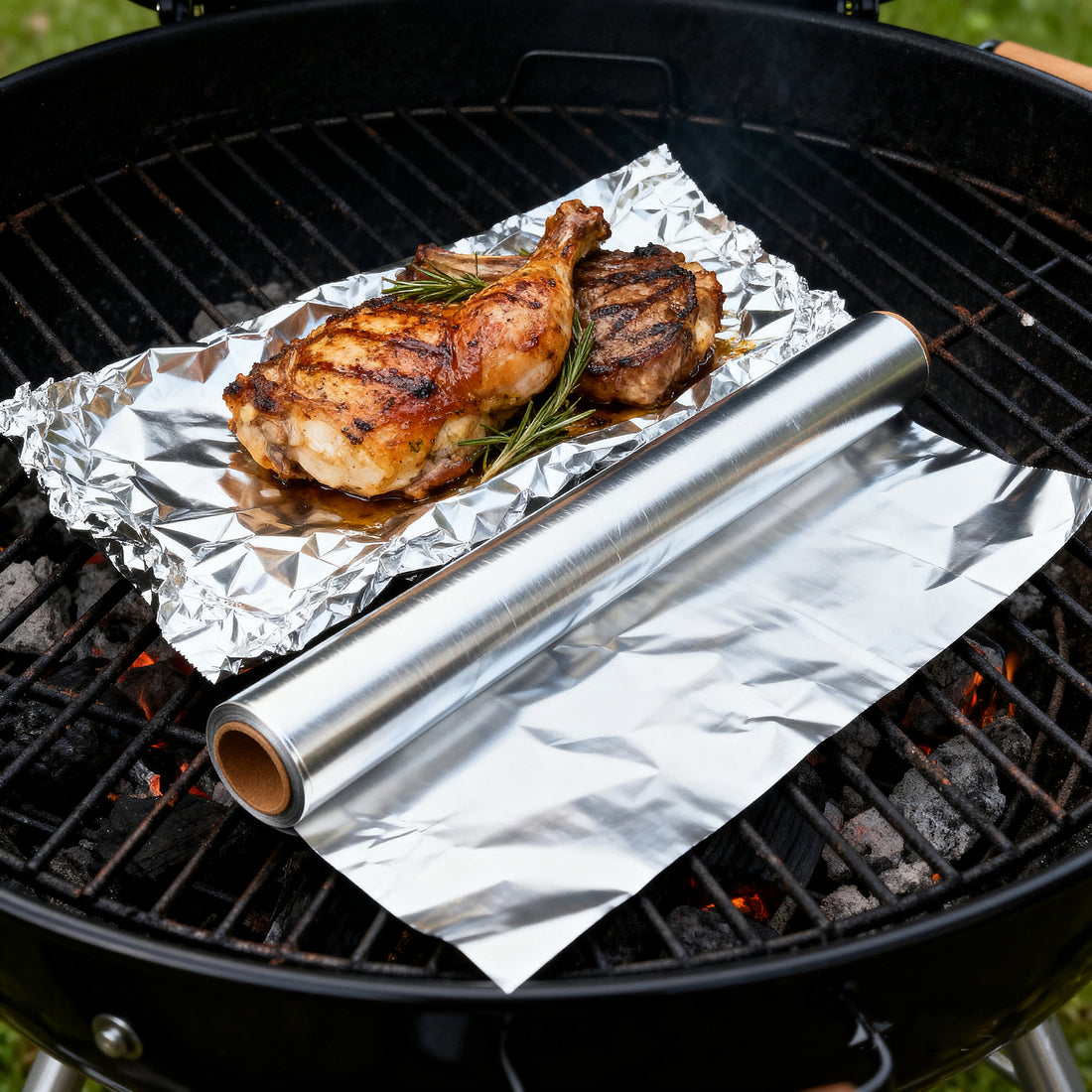 Grilled chicken on tinfoil with a roll of tinfoil on a grill