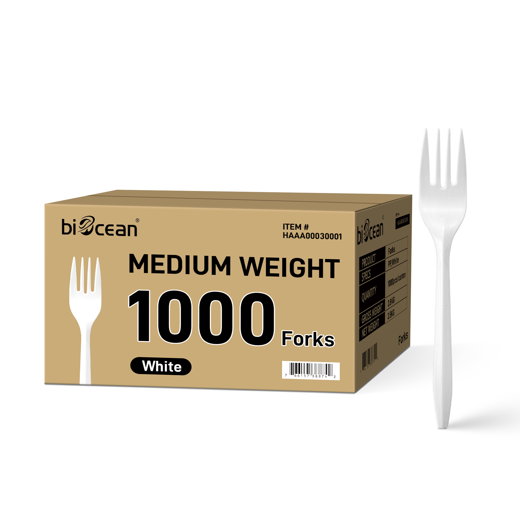 [1,000ct] PP Plastic Medium Weight Forks | White
