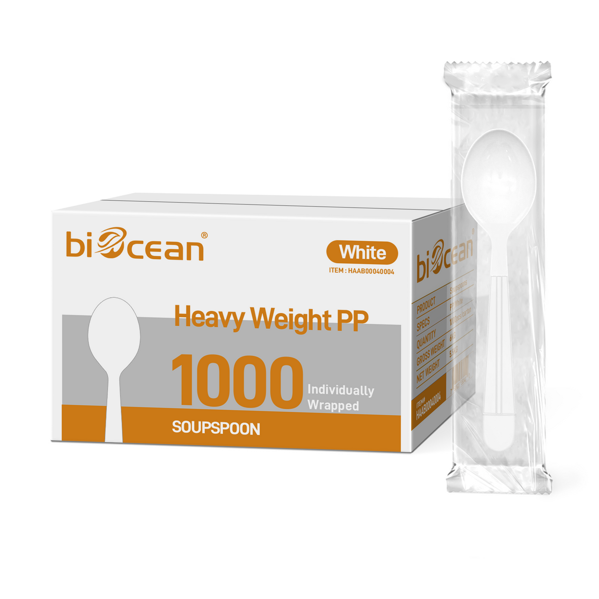 [1,000ct] PP Plastic Heavy Weight Wrapped Soup Spoons | White