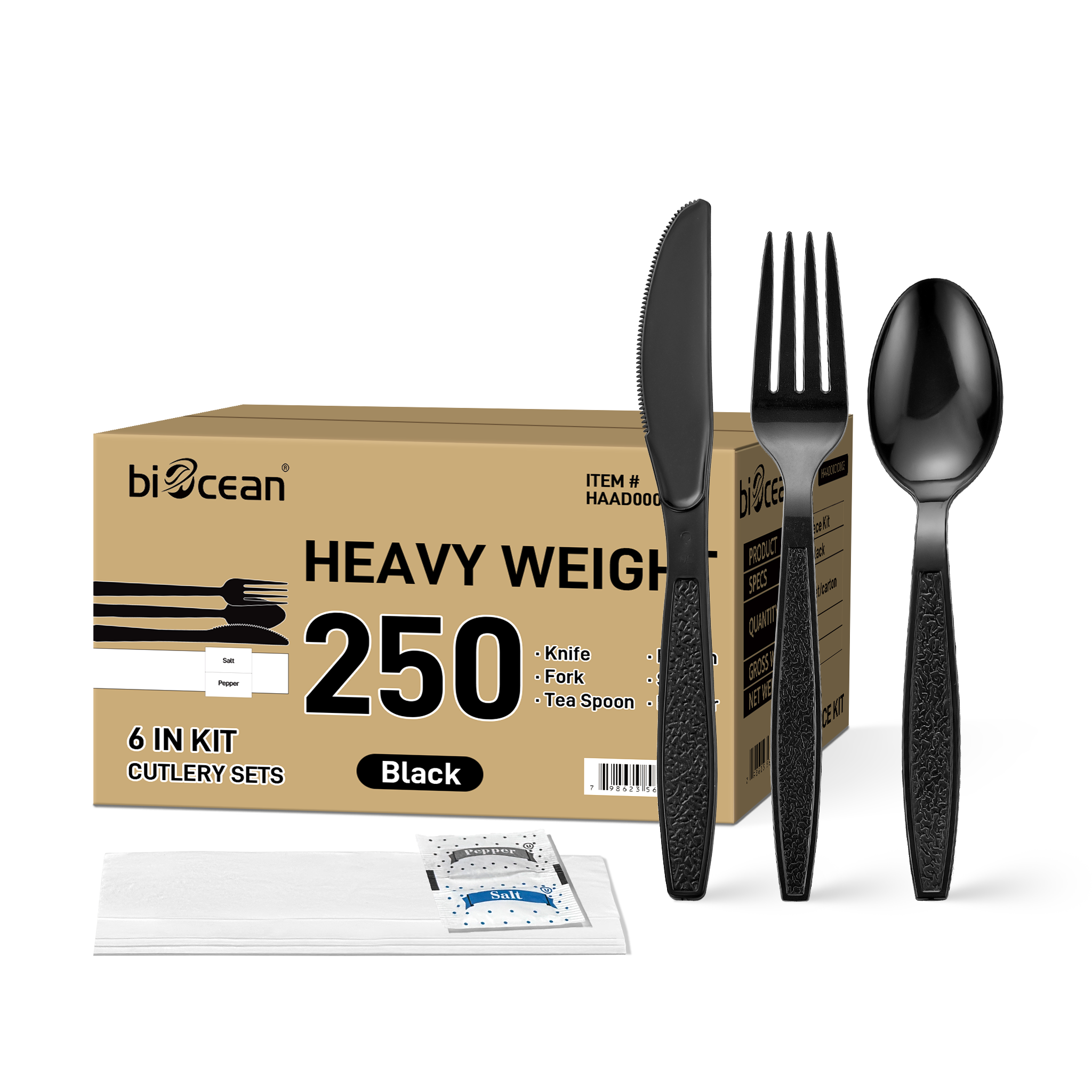 [250ct] PS Plastic Heavy Weight Cutlery Kits with Salt and Pepper | Black