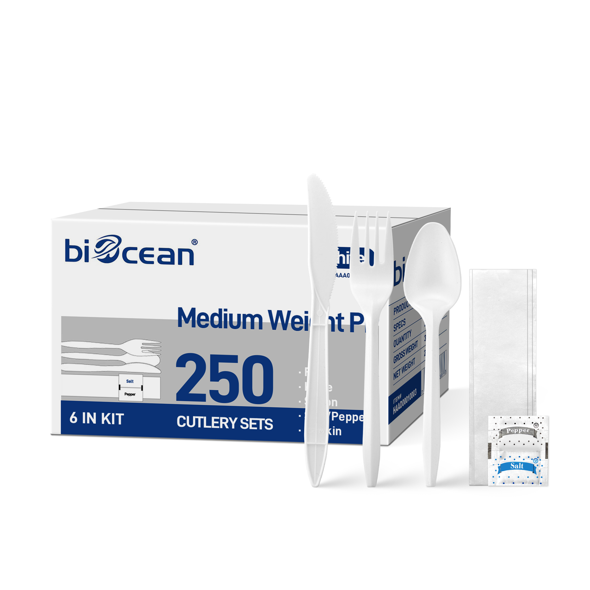 [250ct] PP Plastic Medium Weight Cutlery Kits with Salt and Pepper | White