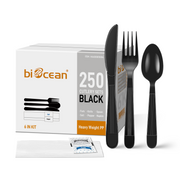 [250ct]  PP Plastic Heavy Weight Cutlery Kits with Salt and Pepper | Black