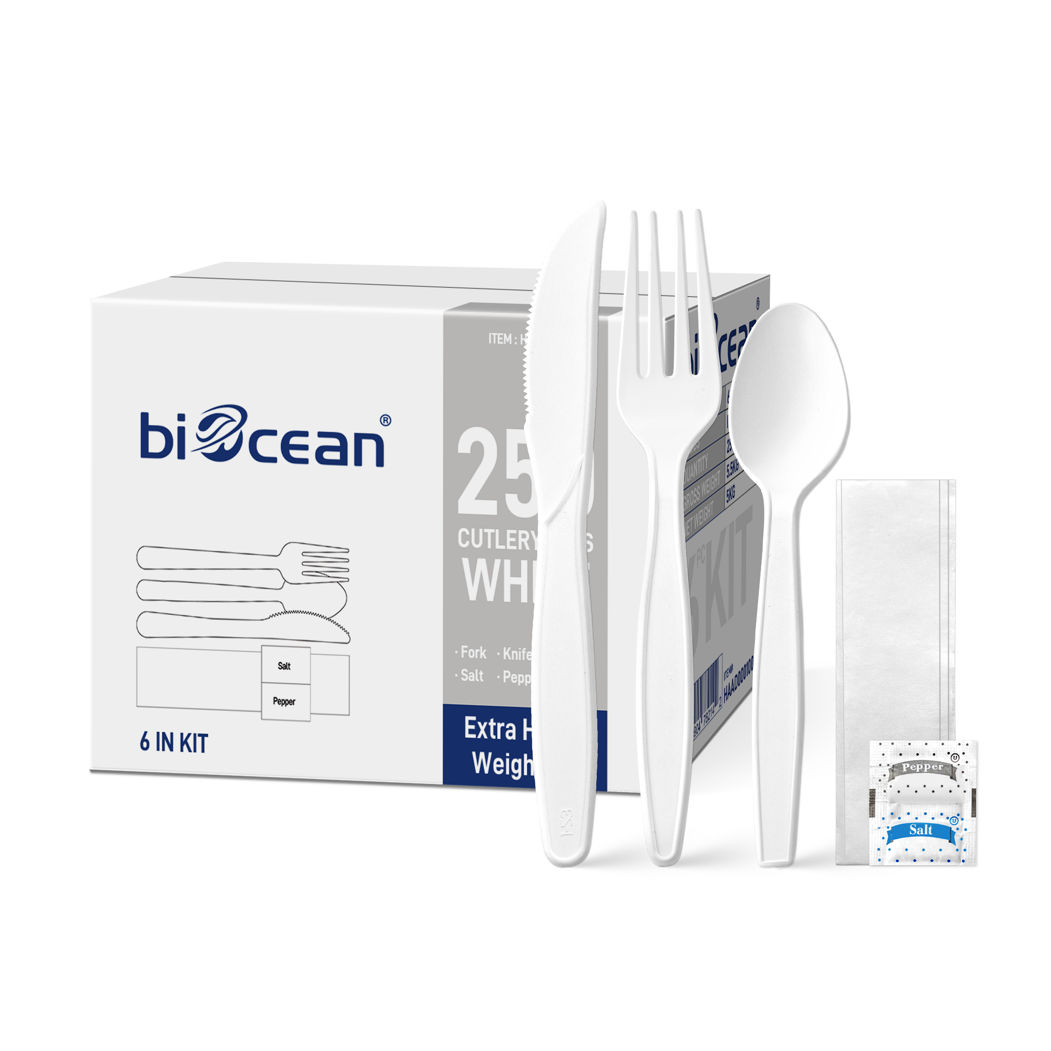 [250ct] PP Plastic Extra Heavy Weight Cutlery Kit with Salt and Pepper | White