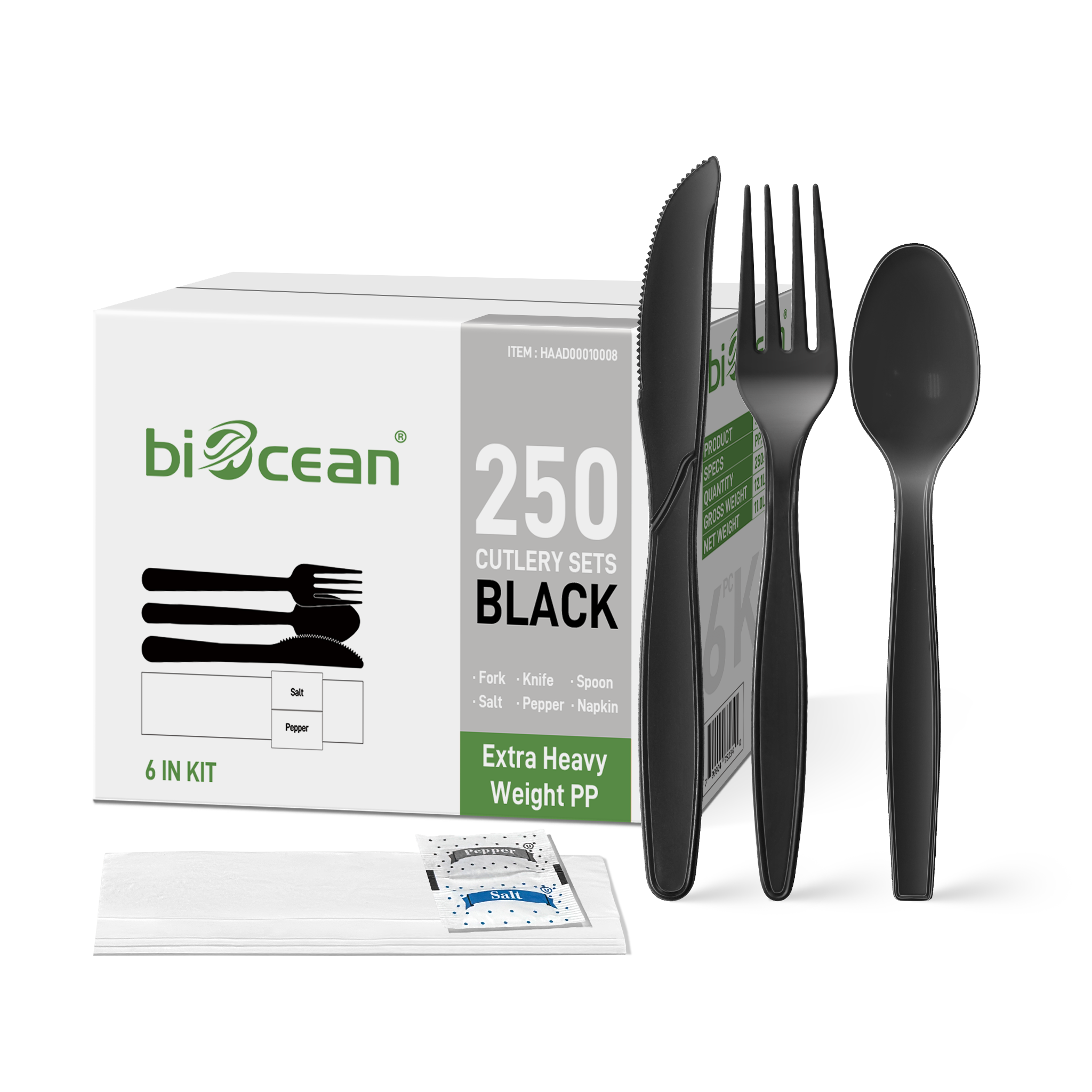 [250ct] PP Plastic Extra Heavy Weight Cutlery Kits with Salt and Pepper | Black