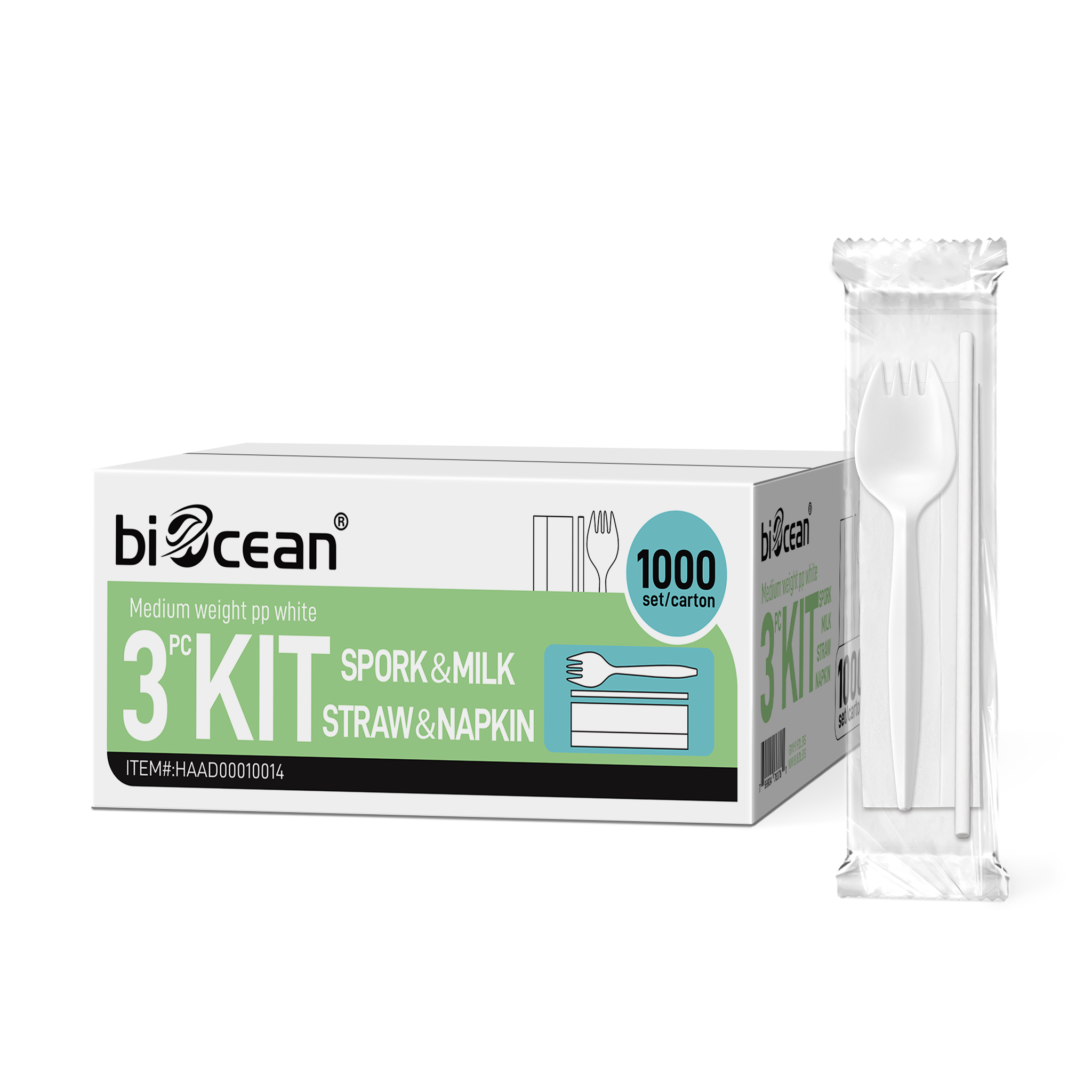[1,000ct] PP Plastic Medium Weight Cutlery Kits (Spork, Straw,  Napkin) | White