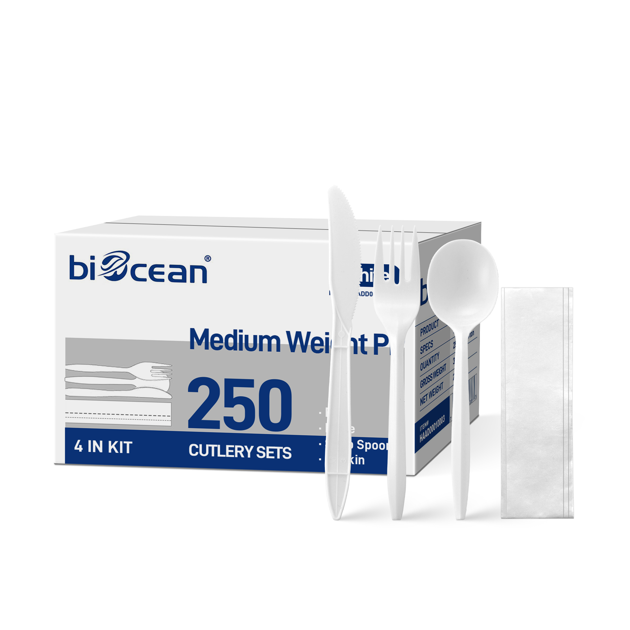 [250ct] PP Plastic Medium Weight Cutlery Kits (Knife,Fork,Soup Spoon,Napkin) | White