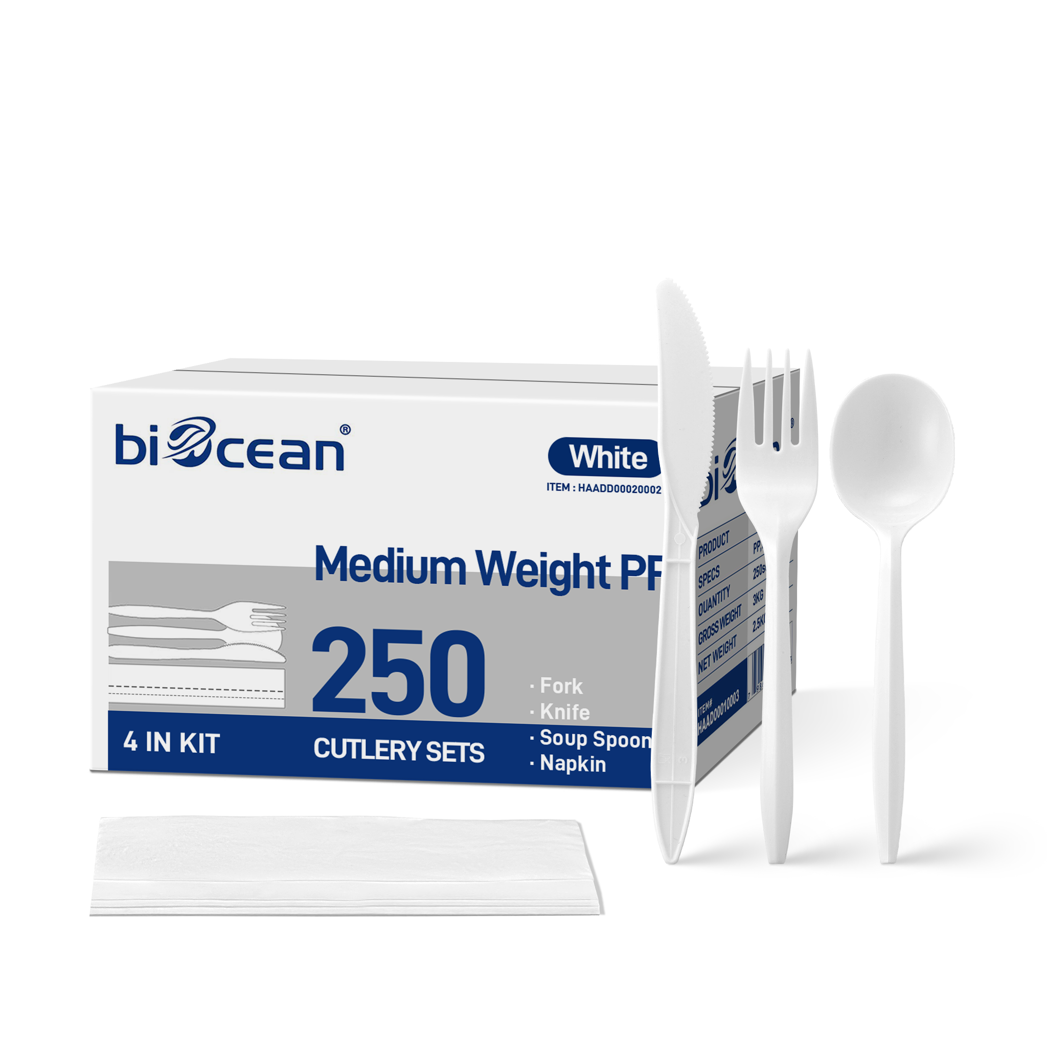 [250ct] PP Plastic Medium Weight Cutlery Kits (Knife,Fork,Soup Spoon,Napkin) | White