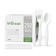 [250ct] PP Plastic Extra Heavy Weight  Cutlery Kits(Knife,Fork,Tea Spoon,Napkin) | White