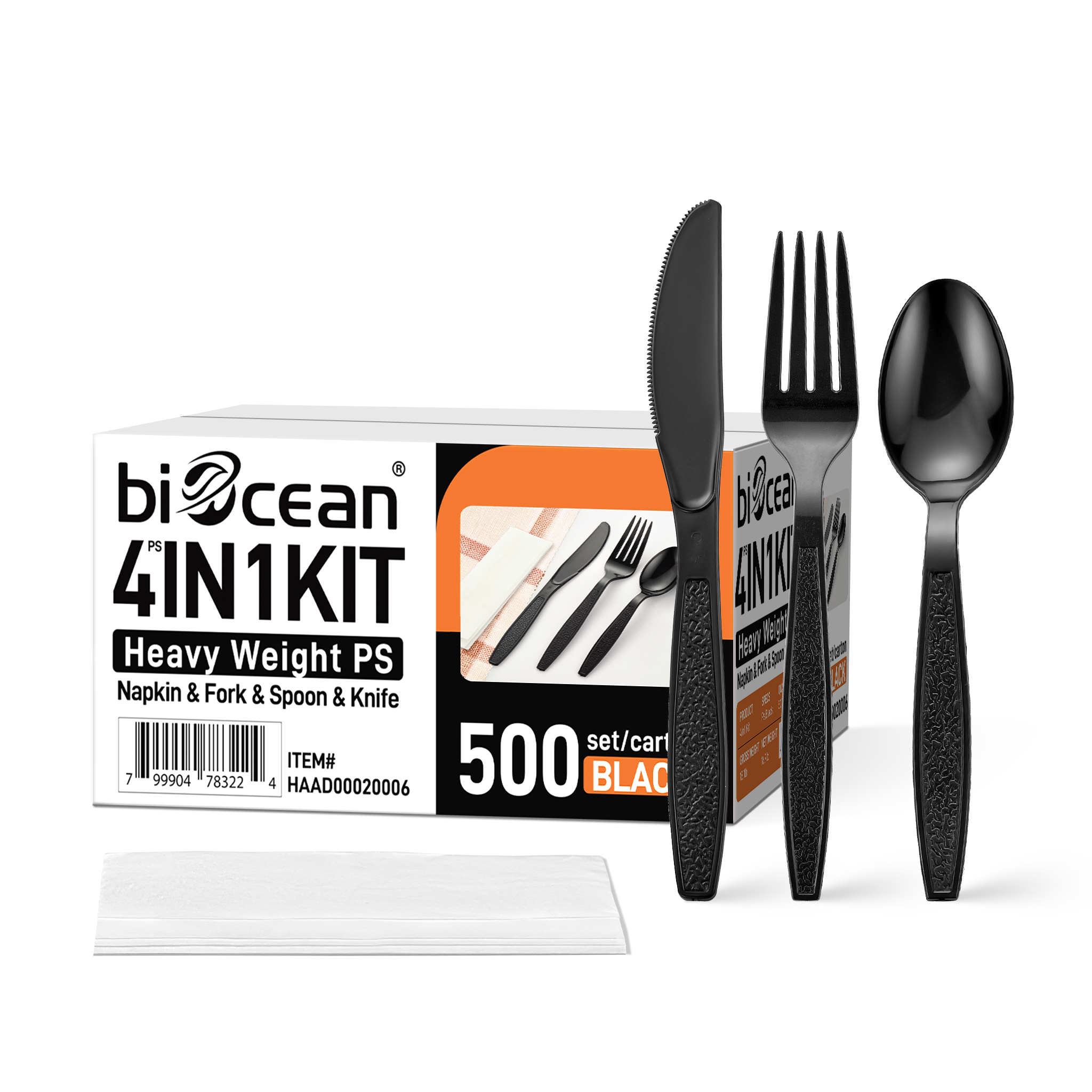 [500ct] PS Plastic Heavy Weight Cutlery Kits (Knife, Fork, Tea Spoon, Napkin) | Black