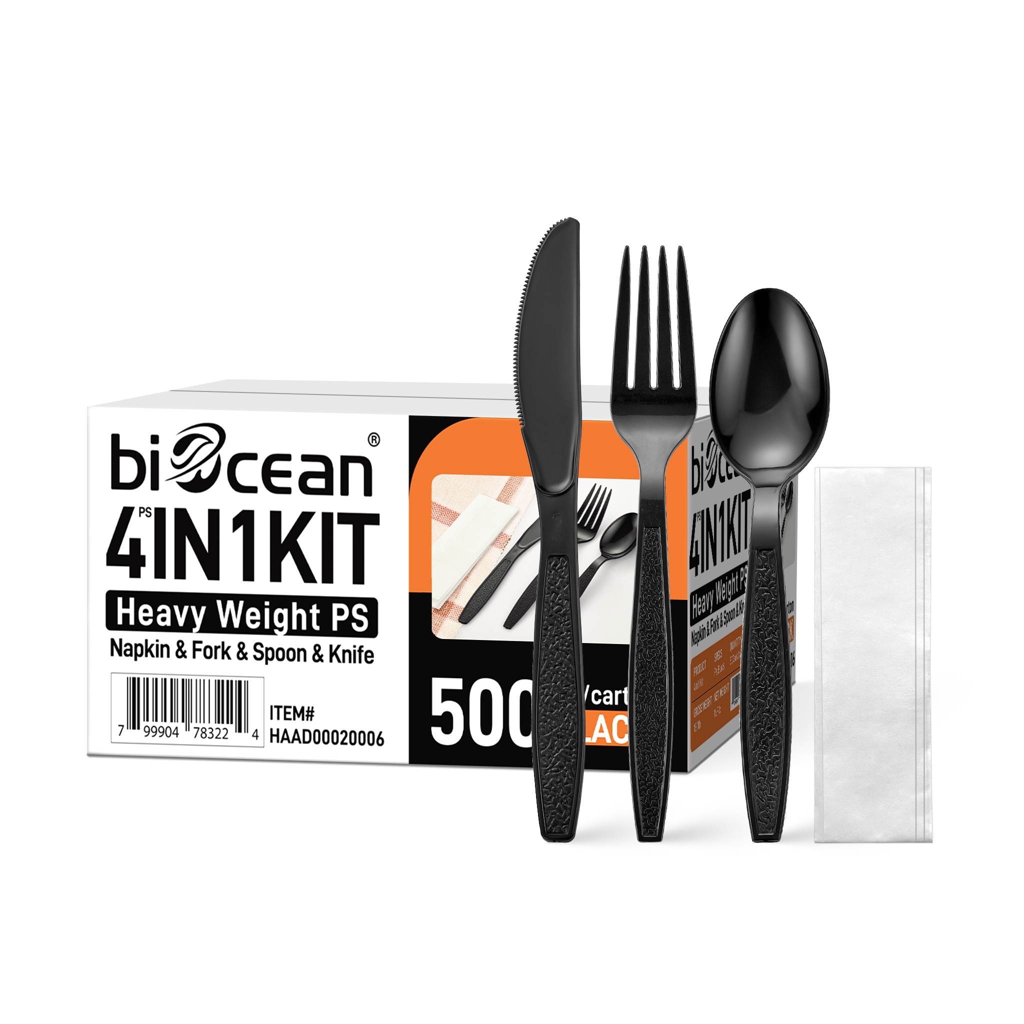 [500ct] PS Plastic Heavy Weight Cutlery Kits (Knife, Fork, Tea Spoon, Napkin) | Black