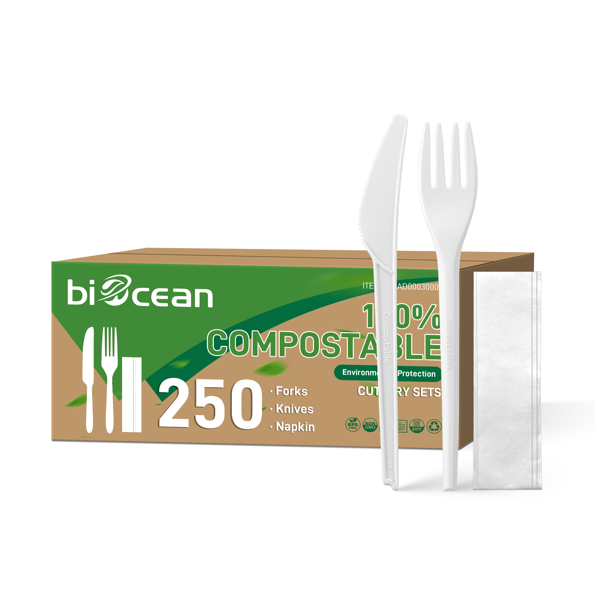 [250ct] PLA Heavy Weight Cutlery Kits (Knife, Fork, Napkin) | White