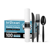 [100ct] 17.5" × 15.5" Pre-Rolled Linen-Feel Napkin and  Heavy Weight PS Plastic Cutlery Set | Black
